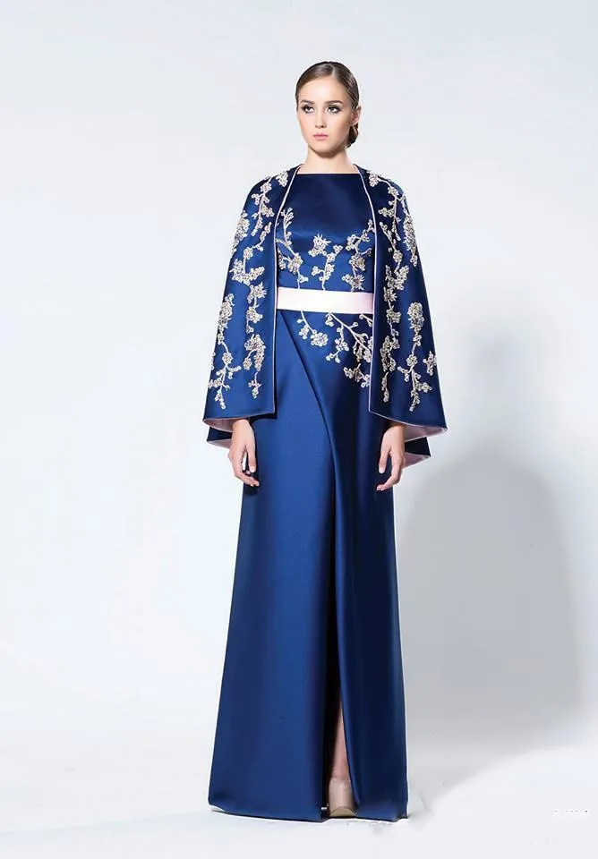 Navy Blue Arabic Evening Dresses With Cape Wraps High Split Satin Appliques Prom Dress Mother Of Bride Dresses Formal Party Gown