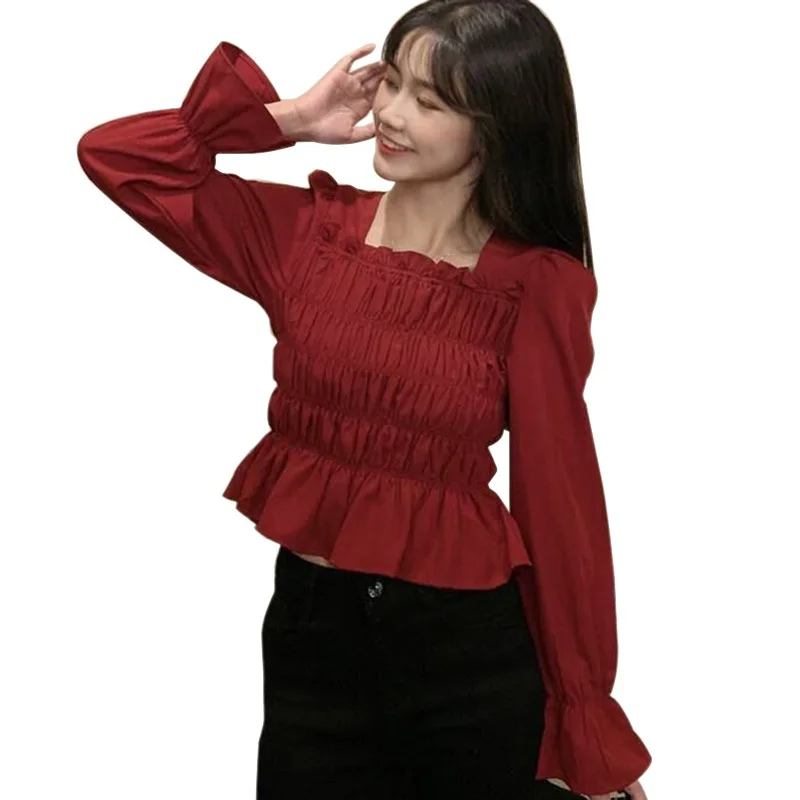 Woman Long-Sleeved Shirts Summer French Square Collar Puff Sleeves Thin Waist Folded Blouses