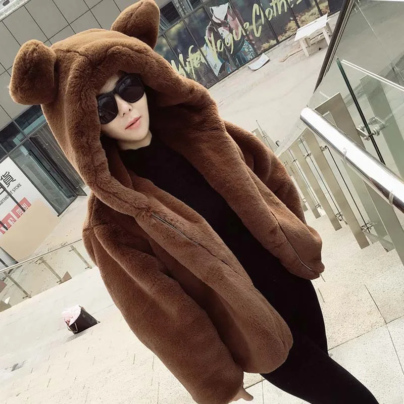 Winter Kawaii Lolita Faux Fur Jackets Women Fashion Bear Head Style Coats Women Elegant Solid Female Ladies Cute Rabbit Fur Coat