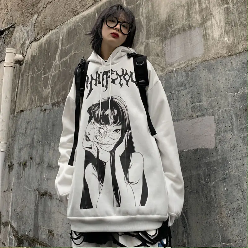 HOUZHOU White Anime Print Hoodies Women Autumn Winter Oversized Hooded Sweatshirt Harajuku Gothic Streetwear Aesthetic Graphic