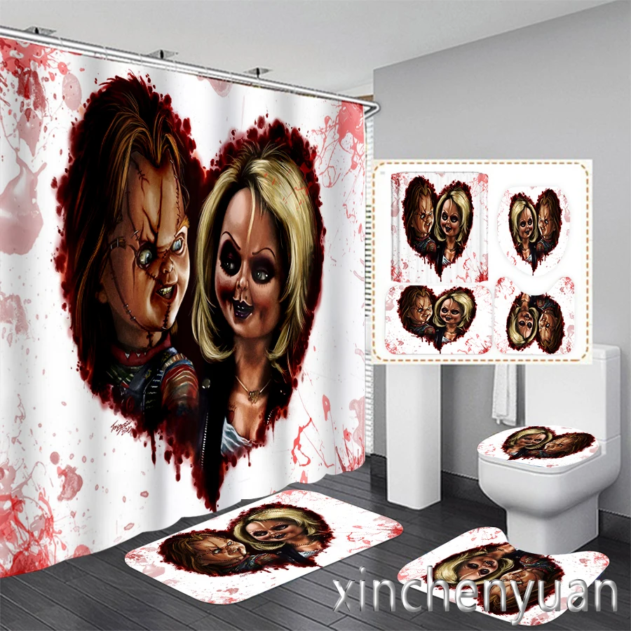 Horror Movie Chucky 3D Printing Waterproof Bathroom Shower Curtain Toilet Cover Mat Non-Slip Floor Mat Rug (1/3/4Pcs) W07