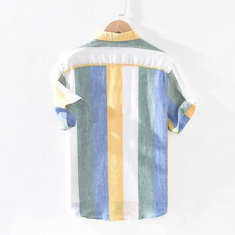 

Casual Harajuku Linen Striped Shirt Mens Summer Colorblock Short Sleeve Loose Fit Thin Section Shirts Fashion Men Button Up Tops