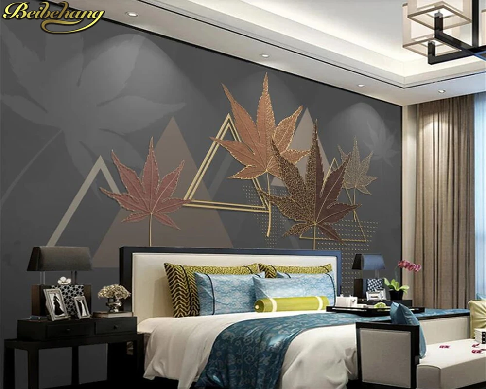 Beibehang Aangepaste Behang Muurschildering Moderne Geometrische Driehoek Creative Maple Leaf Golden Reliëf Lijnen Achtergrond Papel De Parede