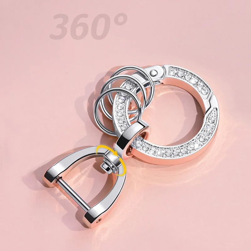 Fashion Women 360 Degree Rotation Keychain High Quality Spring Keyfob Stirrup Keyring Inlay Rhinestone Metal Connecting Buckle