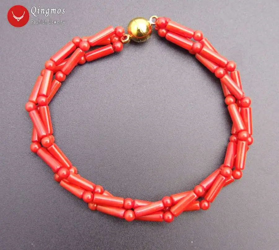 Qingmos Fashion 3*9mm Thick Slice Natural Red Coral Bracelets for Women with 3-4mm Round Coral Bracelet Jewelry 7.5\'\' bra487