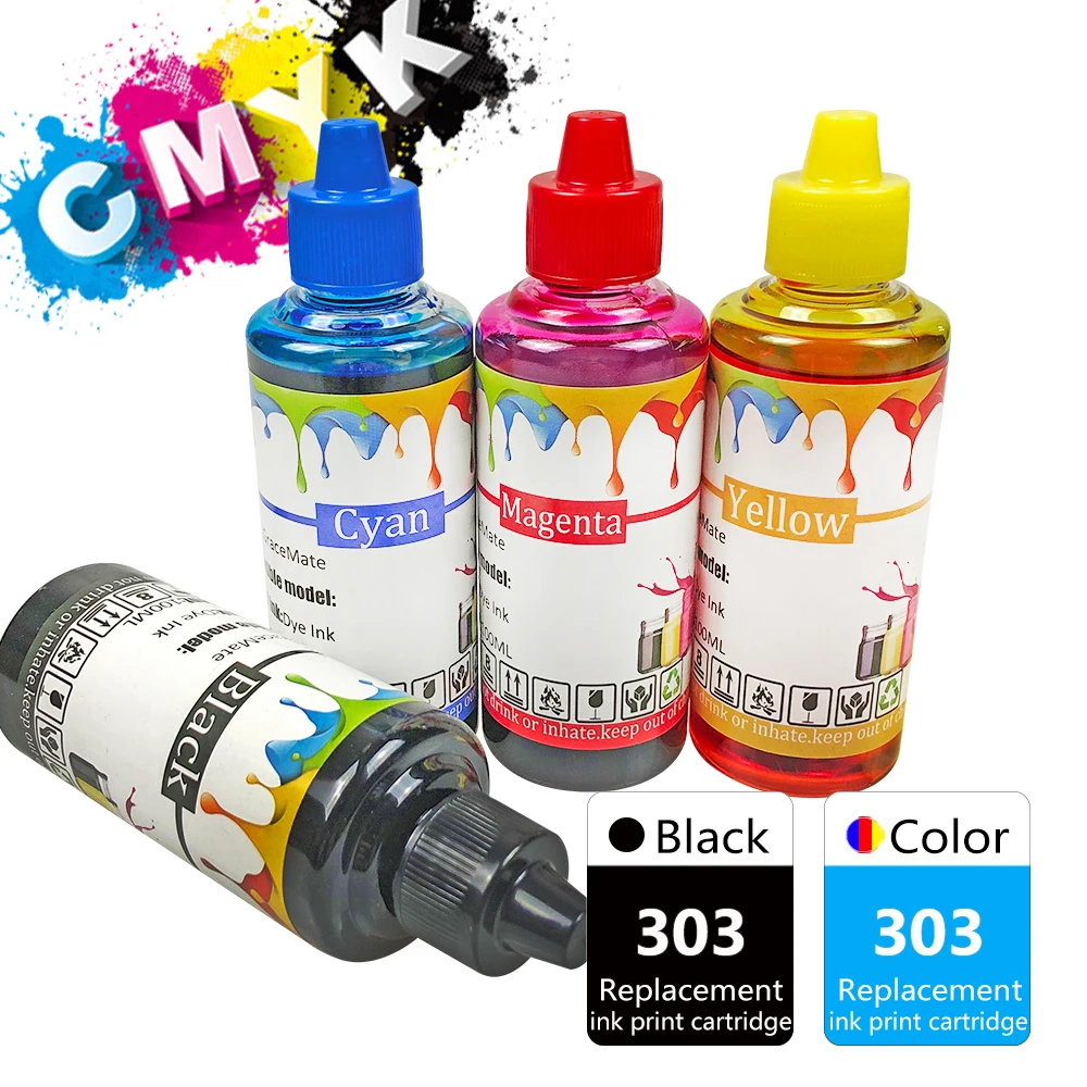 100ml Inks Black Color Compatible for HP 303 Ink Refill Kits Envy 6220 6222 6230 6234 6252 6255 6258 7120 7130 7132 7134 Printer