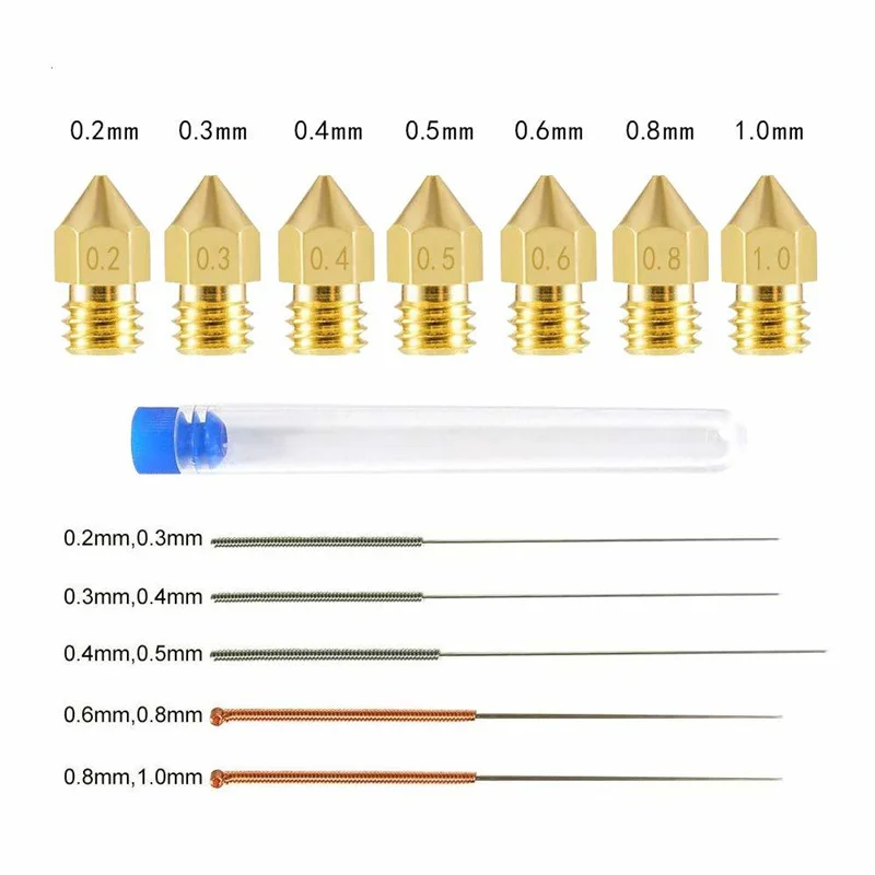 24pcs/lot MK8 Nozzles Set Cleaning Needle M6 Brass Extruder 0.2 0.3 0.4mm 0.5 0.6 0.8 1.0mm Hotend Nozzles Fit 1.75mm 3D Printer