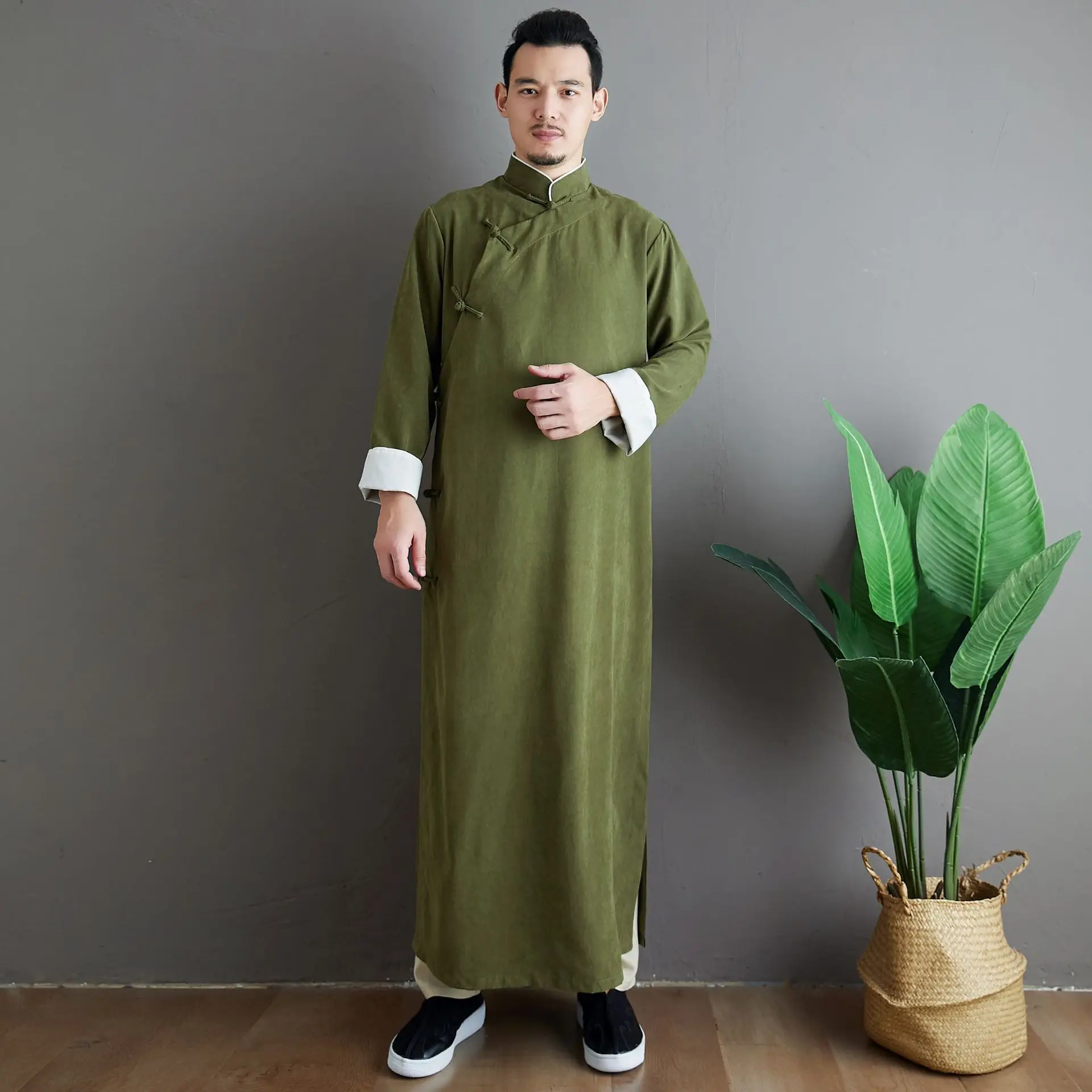 

Men Chinese Chiffon Tang Shirt&tops Ancient Mandarin Collar Hanfu Solid Casual Robe Gown Retro Button Cardigan Kimino Coat