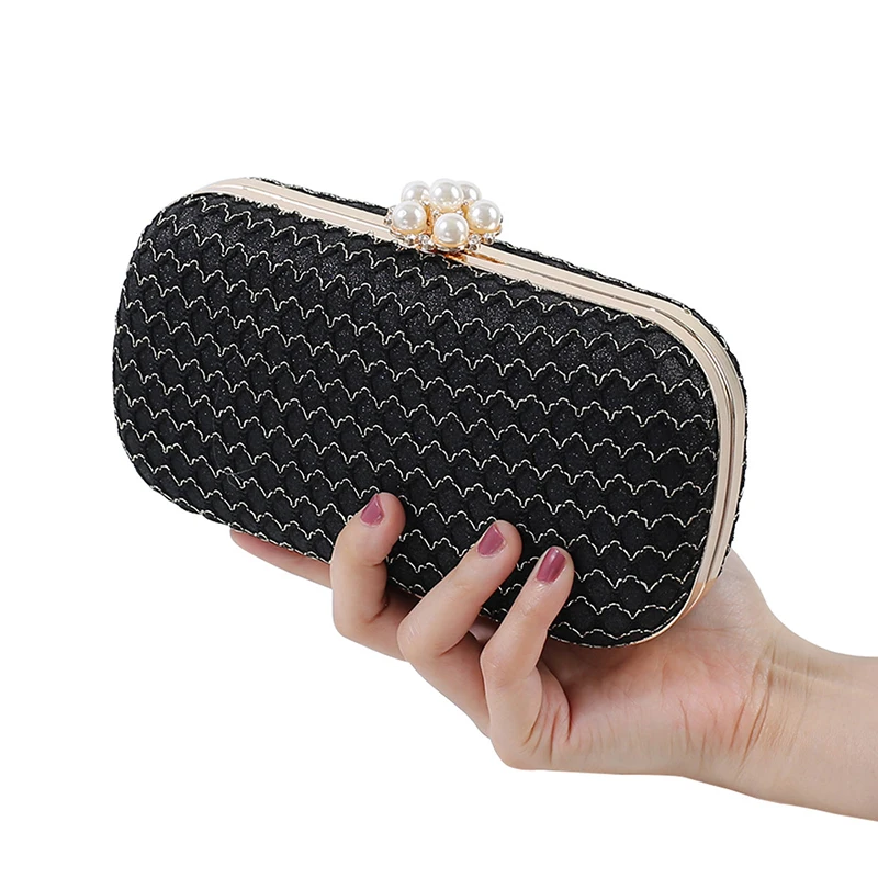 Women Black Wave Evening Clutch Bags Lady Luxury Designer Dinner Pearl Silver Handbags Purse for Female Bling Lozenge Bridal Bag