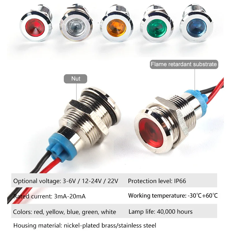 Voyant LED étanche en métal avec fil, lampe de signalisation, IP66, 6mm, 8mm, 12mm, 16mm, 19mm, 22mm, 6V, 12V, 24V, 110V, 220V