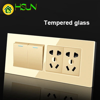 US /AU Tempered Glass Champagne 118 Type Switch Socket 1/2/3/4/5/6/7/8 Gang 2 Way Real Glass Panel LED Guide Light Brazil Box