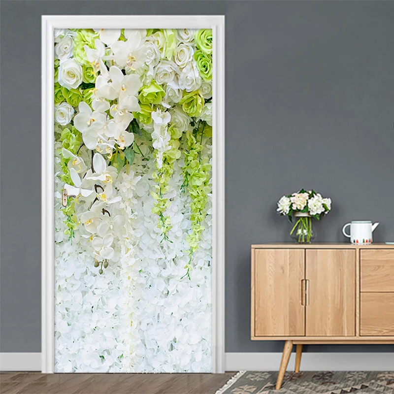 3D Wit Rose Groen Blad PVC zelfklevende afneembare deursticker muurschildering behang sticker woonkamer slaapkamer deur decor poster