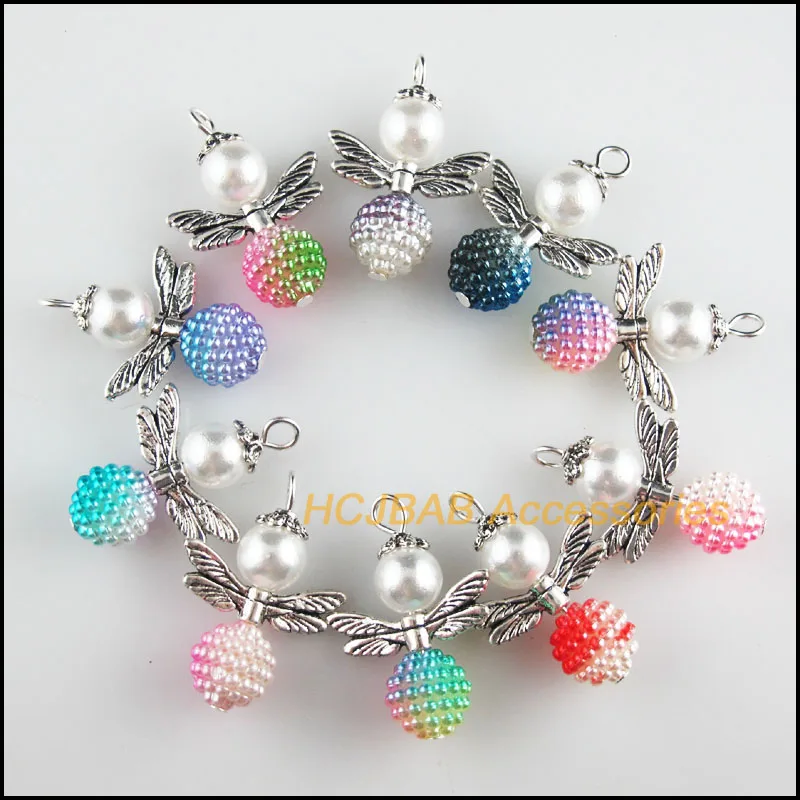 10Pcs Tibetan Silver Tone Angel Mixed Acrylic Waxberry Ball Charms Pendants 20x29mm