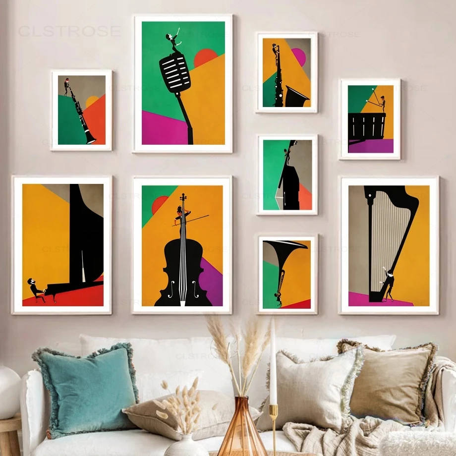 Nordic Abstract Music Poster Playing Piano Violin Saxophone Harp Flute Canvas Painting Wall Pictures for Living Room Home Decor