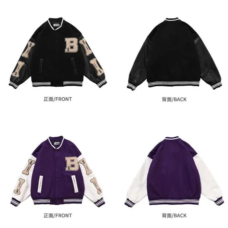 Vintage Bone Varsity Jacket Men Leather Sleeve Plush Letterman Women\'s Bomber Jacket Hip Hop Coat Baseball Oversize Green Purple