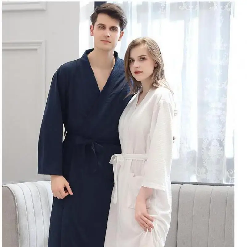 Unissex sólido waffle robe feminino roupões de banho macio homem casual nightrobe altamente absorvente sleeprobe solto homeswear roupão de banho