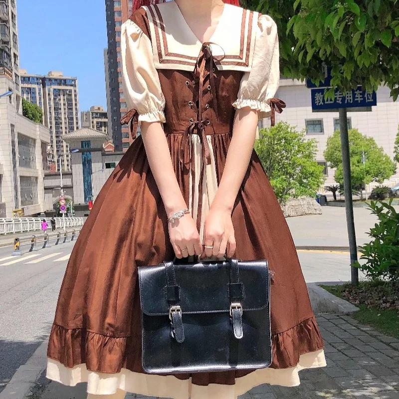 

Original Japanese Style Light Lolita Daily Contrast Color Lace-up Sailor Collar Large Swing Short Sleeve Dress for Women Summer