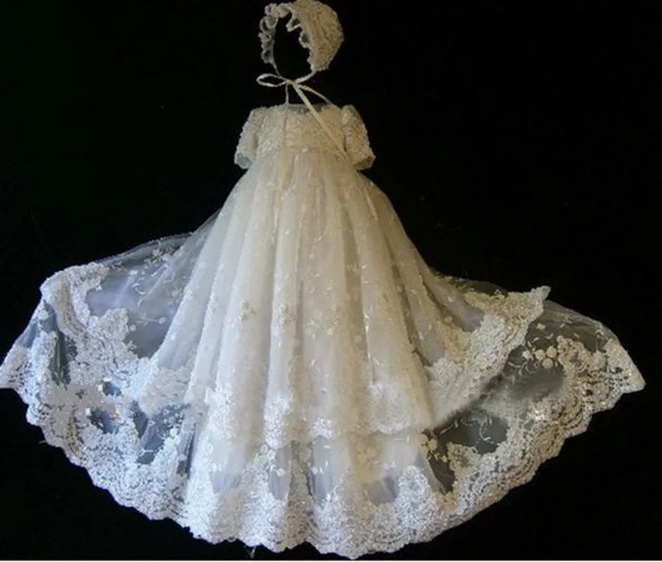 

High Quality Ivory White Long Christening Gown for Baby Girls Lace Pearls Short Sleeve Baptism Dress with Bonnet AD345