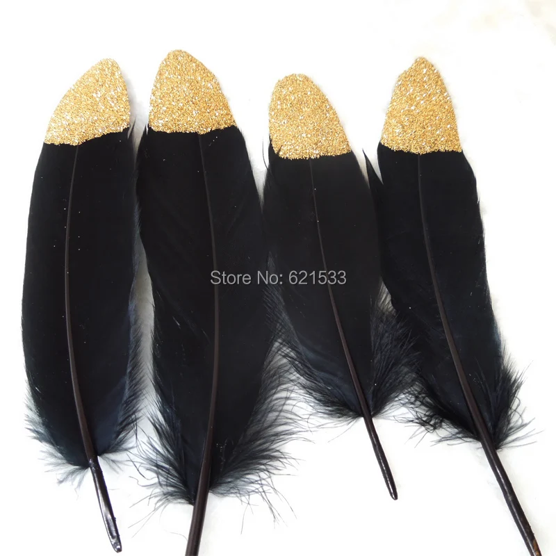 

GOLD Dipped Natural Black Goose Satinettes Feathers -Gold Painted with Glitter,50pcs/lot,13-20cm long