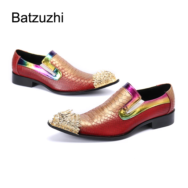 

Batzuzhi Golden Metal Toe Leather Dress Shoes Men Italian Type Men's Shoes Slip on Rock Party and Wedding Shoes Men, US6-US12