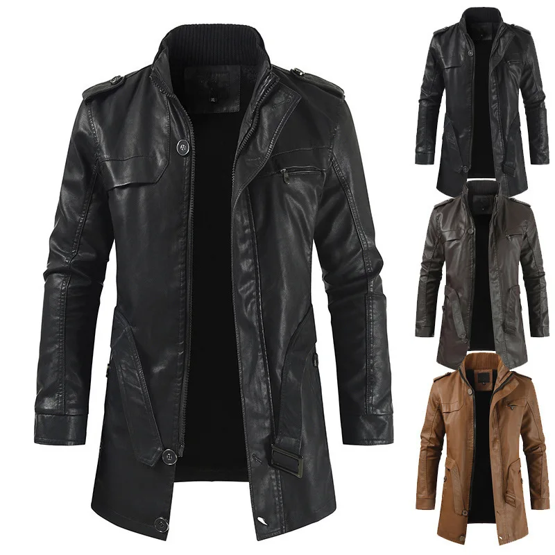 New Mens Synthetic Leather Jackets Solid Slim Stand Collar Zipper Fashion Motorcycle Leather Jacket Brand Top Coats Dropshipping