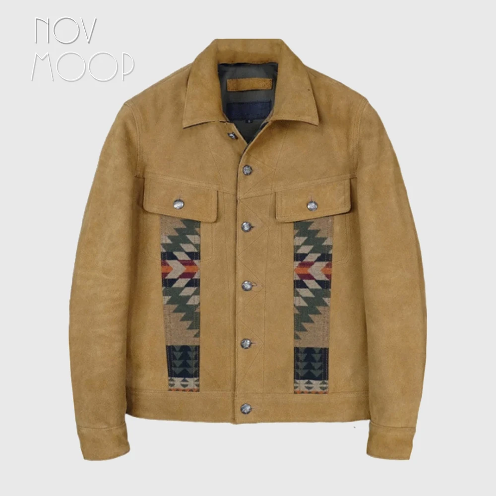 Novmoop tobacco color men's cow suade jacket patched with Navaho wool jacquard fabric vintage American indian style LT3482