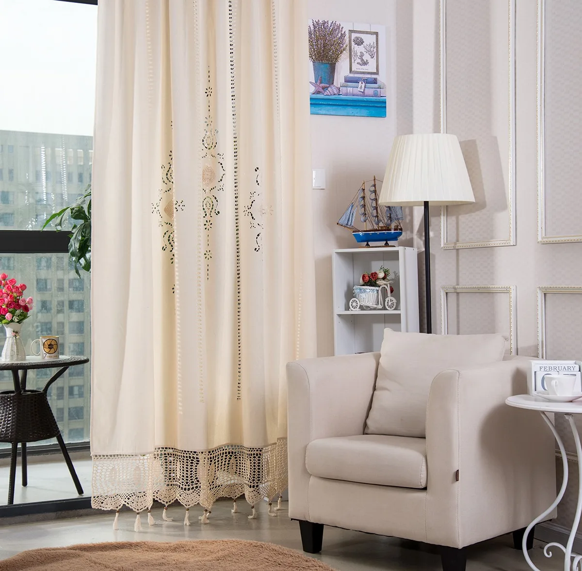 Linen Hollow Solid Curtain Handmade Crochet Bottom Stitching 70% Blackout Window Curtain Customizable for Living Room
