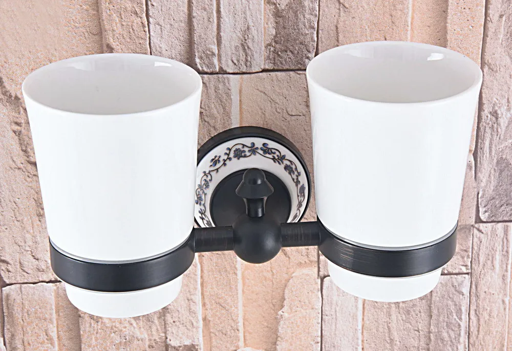 Black oil Antique Brass Hotel Bathroom Wall Mount Double Ceramic Cup Toothbrush Holder 2ba767