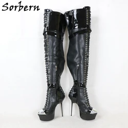 Sorbern Super Thin Metal High Heel Lady Boots Platform Shoes Black Mid Thigh High Women Boot Long Custom Wide or Slim Leg Fit