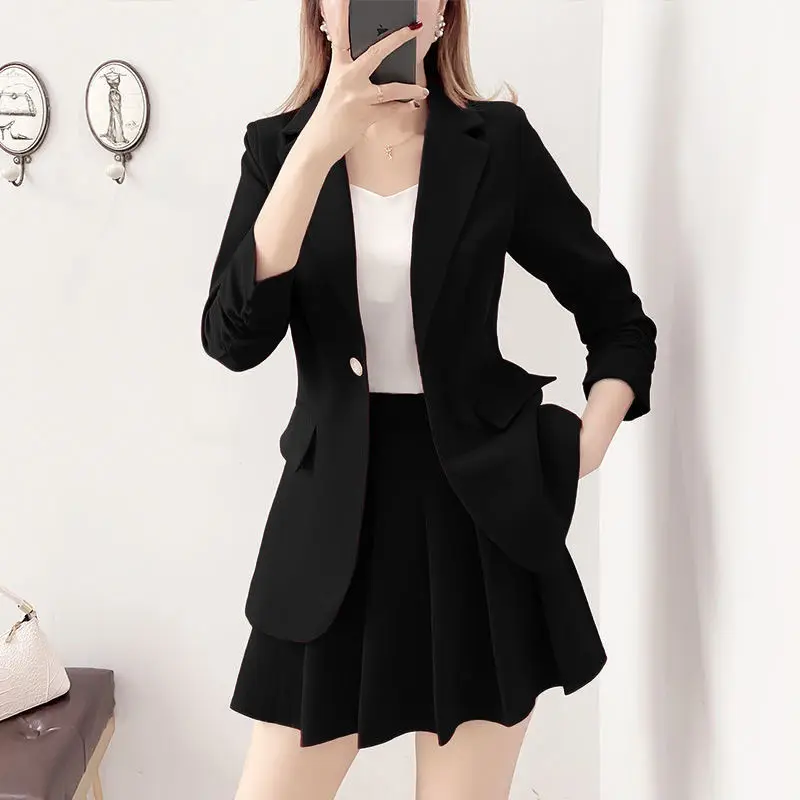 2021 Red Suit Women\'s Dress Autumn Fashion Temperament Small Business Suit Coat Ladies Pleated Skirt Two-Piece Set