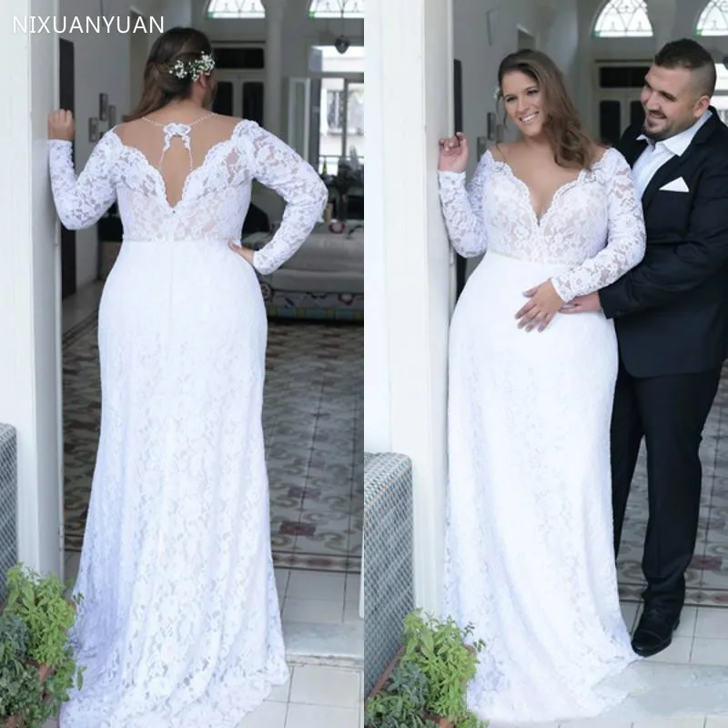 

Plus Size Wedding Dress 2023 Long Sleeves Vestido De Noiva V Neck Wedding Gown Robe De Mariee Lace Bride Dress Robe De Mariage