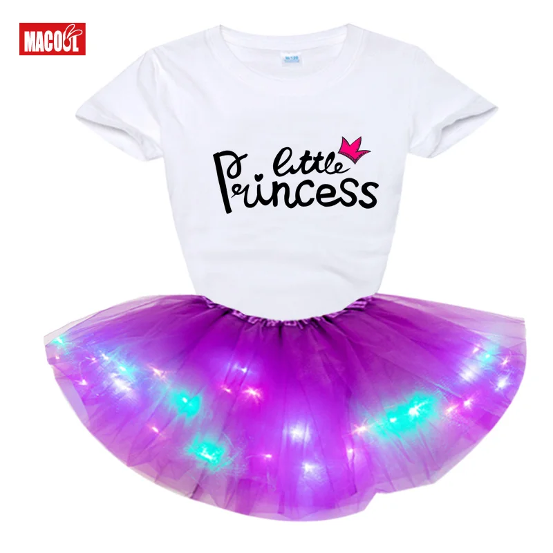 Dress for Baby Girl Clothes Summer Clothes Princess Children Short sleeve T-shirt + luminous skirt Sets Kids Girls 4 5 6 7 Years