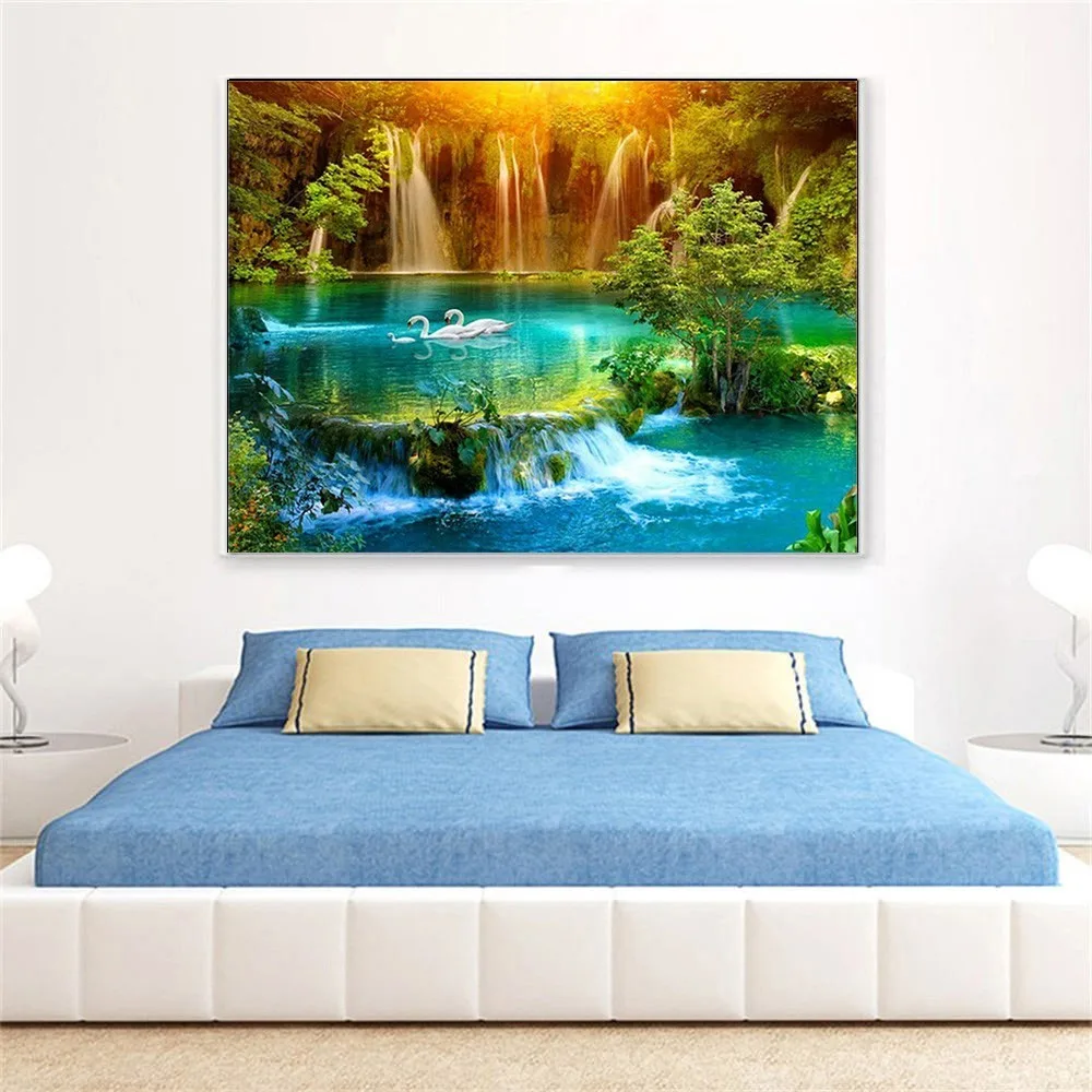 Diamond Painting Landscape Cross Stitch Waterfall Diamond Embroidery Swan Full Square DIY Rhinestone Decorative Mosaic