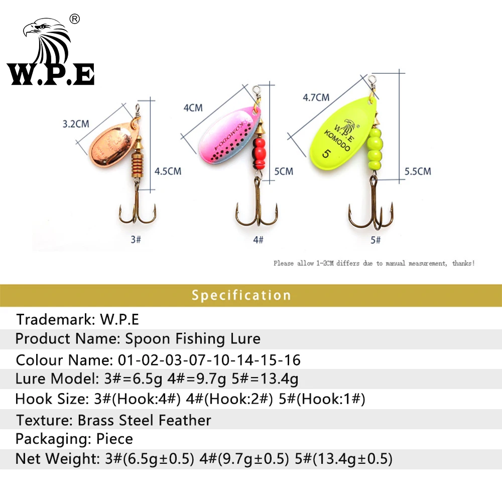 W.P.E Marke 1 stücke Spinner Köder 6,5g/9,7g/13,4g Bass Angeln Köder Metall löffel Köder Drillinge Angelgerät Harter Köder CrankBaits