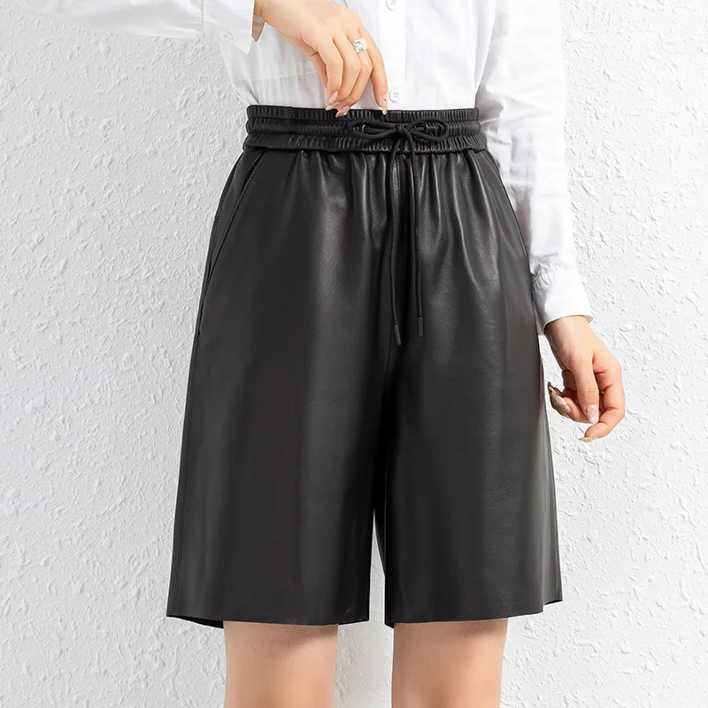 Women Harajuku Real Leather Shorts Femme Sheepskin Loose High Waist Wide Leg Pants Mujer Fashion Casual Five-Point Pantalones