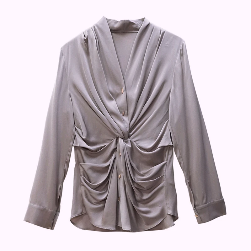 Silk Blouse Women Shirt Elegant Style 89% Silk Solid 2 Colors V Neck Long Sleeves Pleated Design Top New Fashion