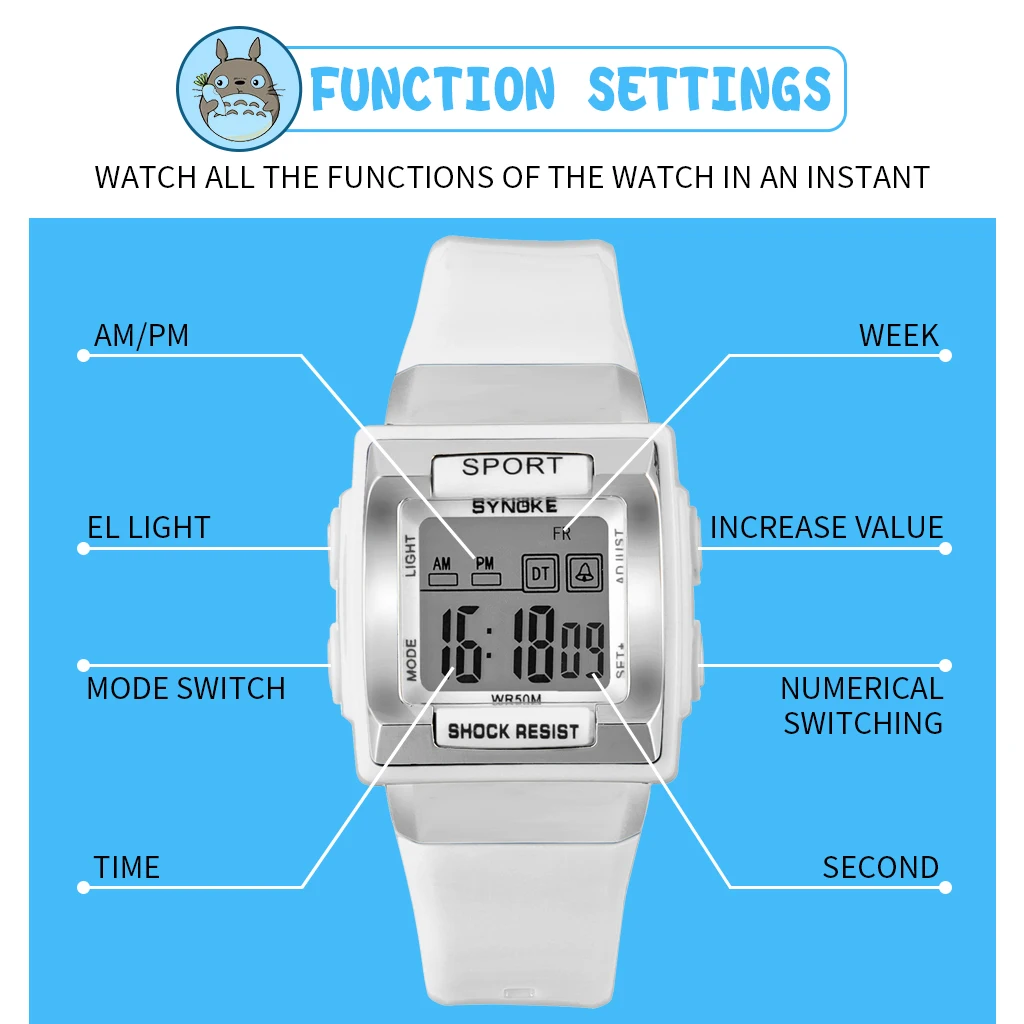 SYNOKE-Montre numérique électronique LED pour enfants, montres-bracelets étanches, montre de sport pour enfants, horloge pour étudiants, garçons et filles, 50m