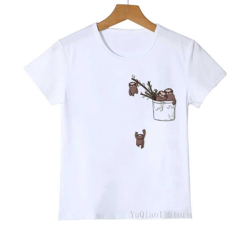 

Pocket Aniamls Sloths/Horse/Avocado/Pug/Poodle/Corgi/Sunflower Print Funny T Shirts Lovely Kids Boys Girls Clothes White T-Shirt