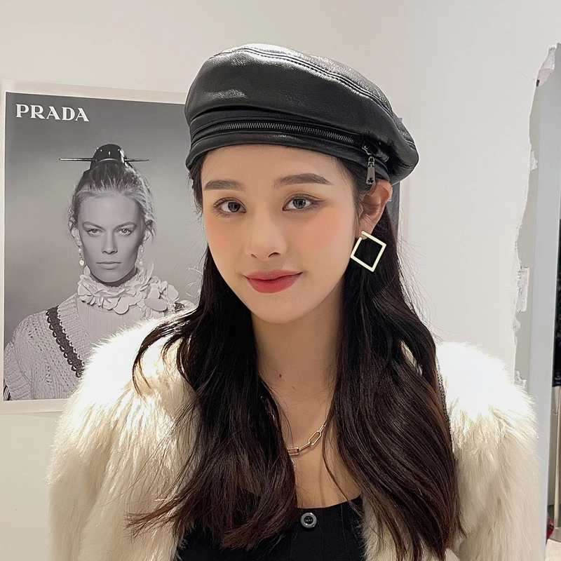 Spring/Winter 100% Real Leather Beret Hat Women Fashion European Pumpkin Painter Caps Female Zipper Decoration Thin Boina