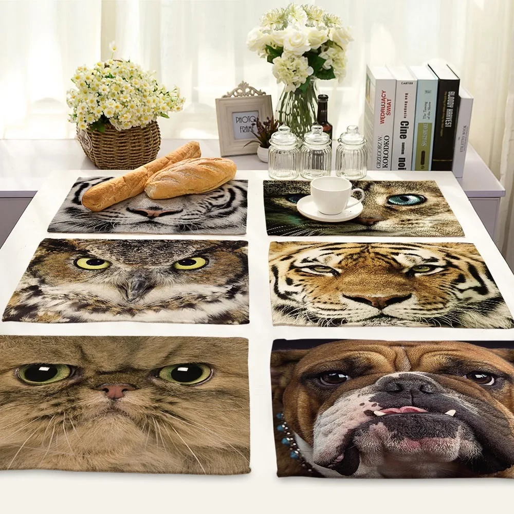 1Pcs Dog Cat Tiger Owl Pattern Kitchen Placemat Dining Table Mat Coaster Cotton Linen Pads Cup Mats 42*32cm Home Decor MA0058