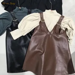 Fashion Baby Girl Strap Leather Dress Sleeveless Infant Toddler Vest Dress PU Winter Spring Autumn Kids Suspender Clothes 1-7Y