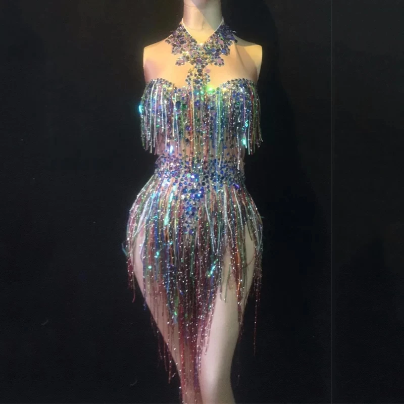 

Sleeveless Crystals Jumpsuit Colorful Sequins Rhinestones Tassels Bodysuit Sexy Nightclub Women Singer Stage Wear Dance Costumes