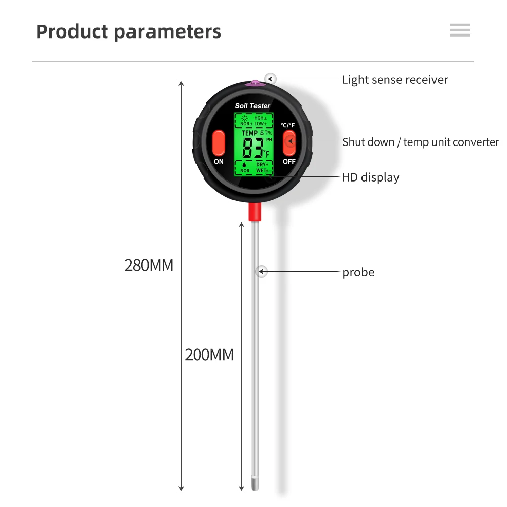 Tester gleby PH 5 w 1 przenośny miernik wilgotności termometr fotometr miernik wody rośliny ogrodowe analiza hydroponiki 40% O