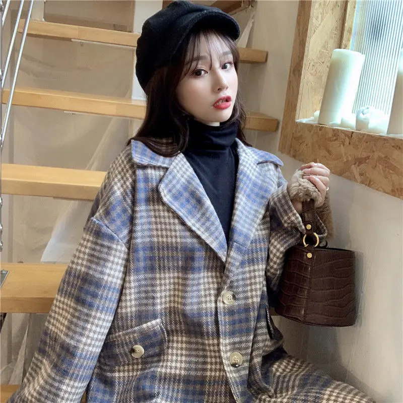 Blazers Women Autumn-winter Loose Medium-long Notched Vintage Plaid Outwear Coats Female Elegant Simple All-match Trendy Ulzzang