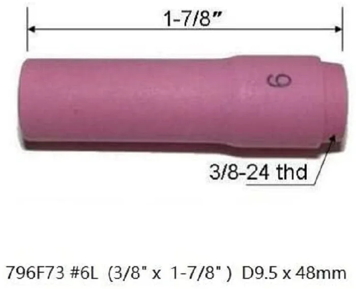 TIG Aluminaหัวฉีดถ้วยเซรามิคยาว796F73 # 6L 3/8 ",d9.5 X 48Mm Orifice Fit DB SR WP 9 20 25ไฟฉายเชื่อมTIG 10pk
