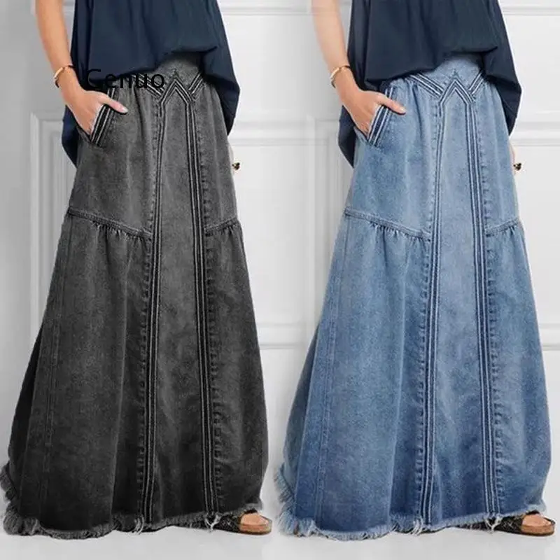 Denim Jeans Women Long Skirt Stretch Vintage Loose Slim Fit Blue Club Streetwear Cotton Sexy Harajuku Skirts