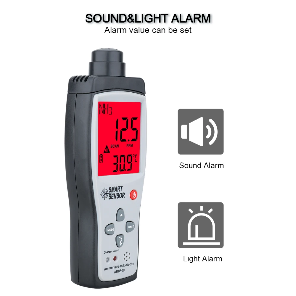 Handheld Smart Sensor Ammonia Gas NH3 Detector Meter 0-100PPM Range with Sound Light Alarm for Gas Monitoring Tester AR8500