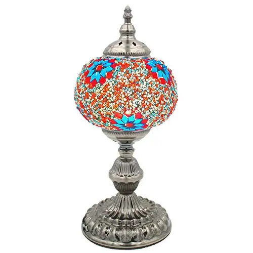 

LaModaHome Mosaic Turkish Lamp Moroccan Glass for Table Desk Bedside Bronze Base Bundle with E12 Light Bulb-2 Sizes (Blue Red Fl