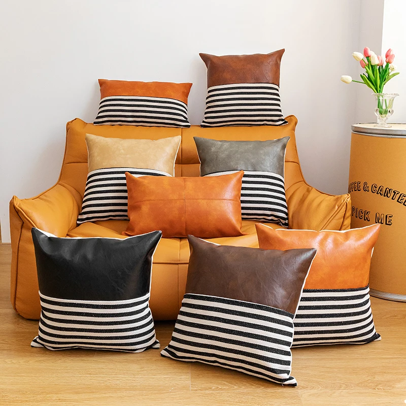 Modern PU stripe stitching and contrasting color sofa cushion cover without filler, single size 1 price