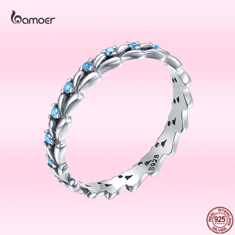 Bamoer Blue Ocean Wave Finger Rings for Women Fashion Fresh Style Genuine 925 Sterling Silver Stackable Ring All-match Jewelry